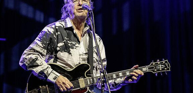 A musician stands on stage and plays the guitar. He wears a striking shirt and sings into a microphone. | © Alexander Müller