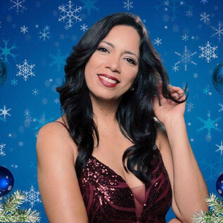 A woman with long, dark hair smiles in front of a blue, festive background. The background is decorated with snowflakes and Christmas ornaments. | © Amadeus Artists Vienna
