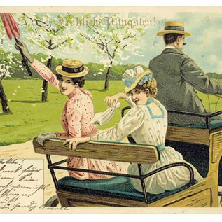 An old postcard shows three people in a carriage driving through a blooming landscape. The women are happily waving with a cloth and wearing elegant dresses. | © Alfred Mailick / Winkler und Voigt, Leipzig_Privatsammlung