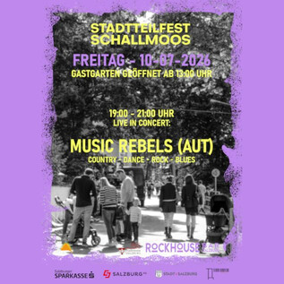 Plakát pro městský festival Schallmoos s informacemi o akci. Ukazuje datum, datum koncertu a umělce "Music Rebels". | © Rockhouse Salzburg