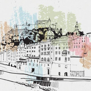 Stylizovaný výkres města s historickými budovami a tvrzí v pozadí. Barevné akcenty dodávají obrazu živý charakter. | © MZS