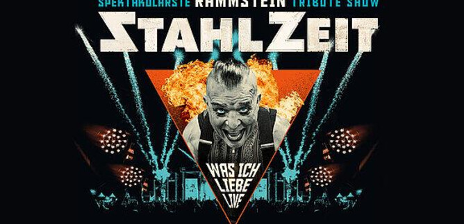 Ein kreatives Plakat für eine Rammstein Tribute-Show namens Stahlzeit. Es zeigt einen energiegeladenen Auftritt mit kräftigen Farben und aufregenden visuellen Effekten. | © Show Factory Entertainment GmbH