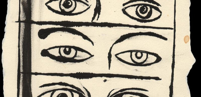 An artistic representation of eyes arranged in a rectangular pattern. The eyes vary in shape and style, on irregularly cut paper. | © Photo: Daniel Blau, Salzburg, 2025 | The Andy Warhol Foundation for the Visual Arts, Inc. / Bildrecht Wien, 2025