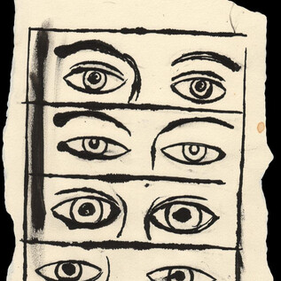 An artistic representation of eyes arranged in a rectangular pattern. The eyes vary in shape and style, on irregularly cut paper. | © Photo: Daniel Blau, Salzburg, 2025 | The Andy Warhol Foundation for the Visual Arts, Inc. / Bildrecht Wien, 2025
