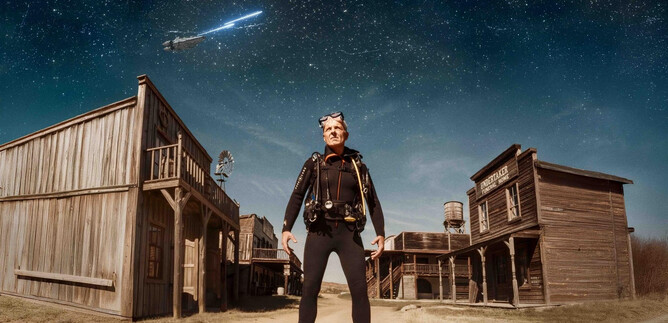 Ein Mann in einem Anzug steht in einer verlassenen Westernstadt unter einem klaren Sternenhimmel. Im Hintergrund sind alte Holzhäuser zu sehen. | © Ingo Pertramer
