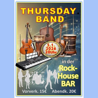 Une affiche d'événement pour le groupe "Thursday Band". Elle présente différents instruments de musique et des informations sur l'événement au Rock-House BAR le 5 janvier 2024. | © Rockhouse Salzburg