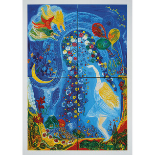 Una pintura colorida de una mujer rodeada de flores y globos. El fondo está en tonos azules brillantes y contiene varios elementos imaginativos. | © Herman Seidl