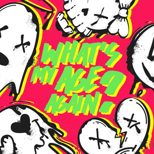 Egy világító háttér rózsaszínben, különböző képregényes arcokkal, köztük szellemekkel és koponyákkal. A „What’s my age again?” szöveg feltűnő zöld betűkkel van megjelenítve. | © Rockhouse Salzburg