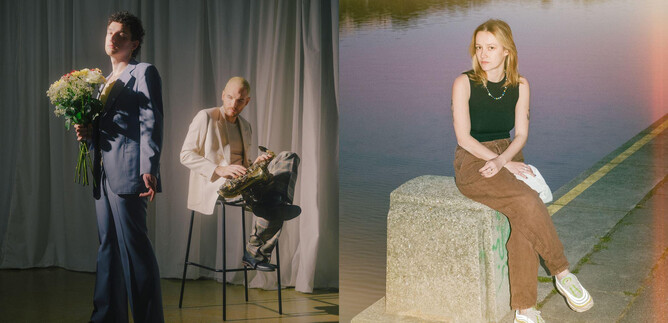 Two people in an artistic setting. On the left, a man with flowers stands, and on the right, a woman sits by the shore. | © Yukno © Tim Cavadini | ResiReiner © Lukas Maier