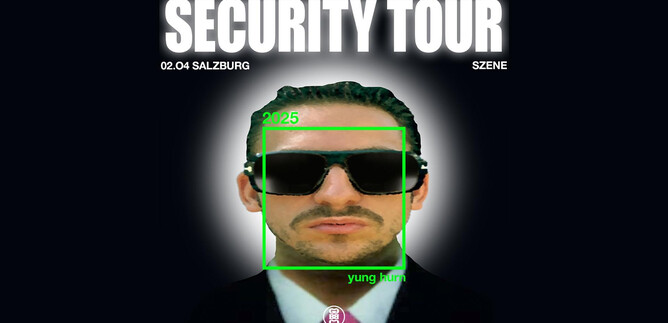 A poster for a safety tour in Salzburg on 02.04. The image shows a man in sunglasses and a suit. | © Rockhouse Salzburg
