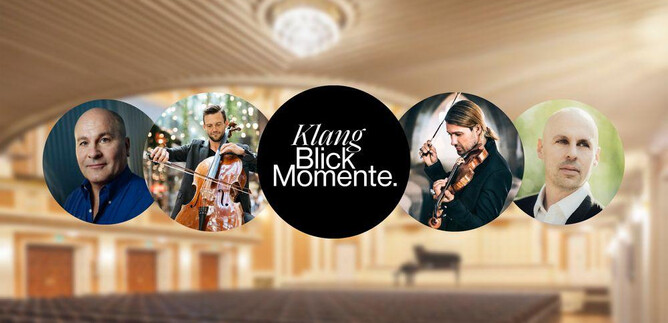 An elegant concert hall with an empty audience and a piano in the background. Four musician portraits are placed in the center with the text "KlangBlickMomente." | © KlangBlickMomente