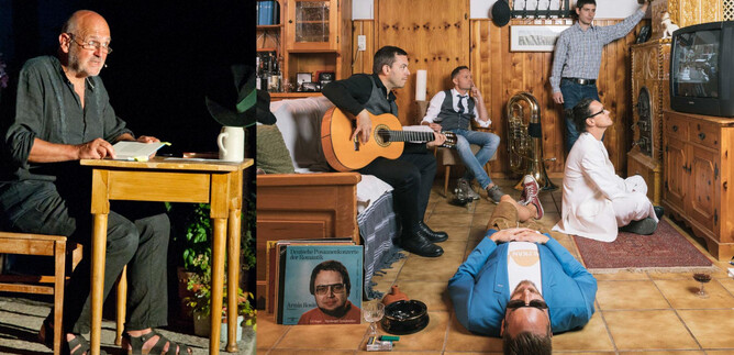 The image shows two scenes. On the left, a man is sitting at a table and eating, while on the right, several people are together in a room with furniture and a television, some in conversations and others relaxed. | © Alpkan_Theater Meggenhofen