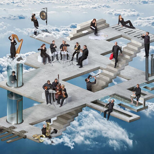 A creative depiction of a surreal music scene in the clouds. Musicians play various instruments on a floating platform with stairs and columns. | © A. Hechenberger, M. Sepperer