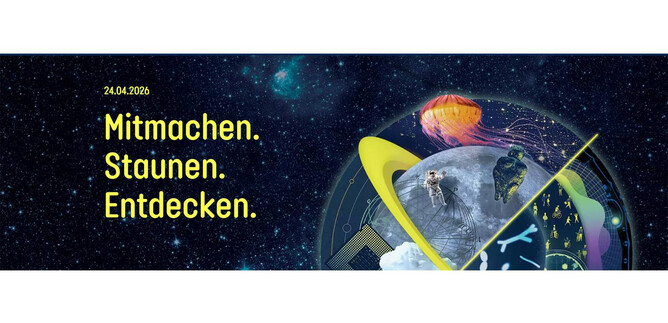 A creative graphic with the text "Join. Wonder. Discover." and an illustrative background depicting space. The representation includes various elements that symbolize curiosity and discovery. | © langenachtderforschung.at
